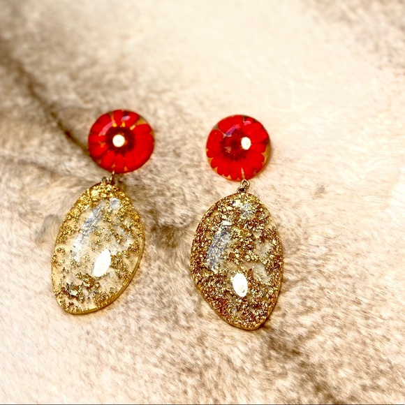 ASOS Women's Drop Earrings Long Earrings Jewelry Red Flowers in Gold - Picture 2 of 5